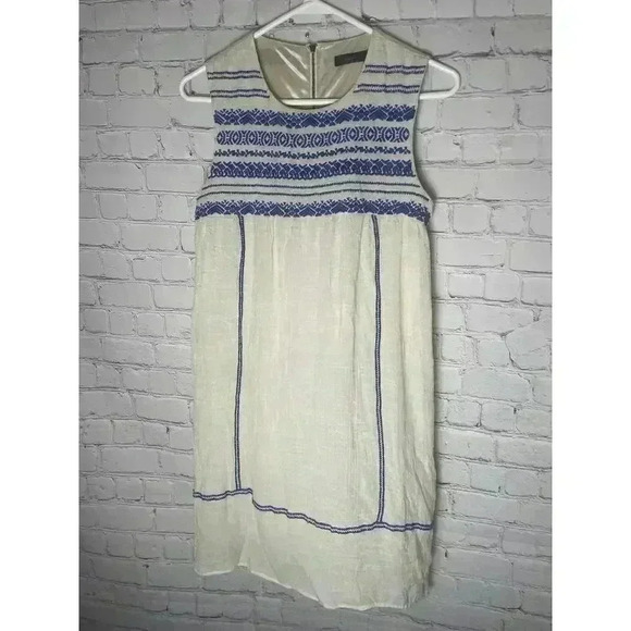 THML Dresses & Skirts - THML Women's Cream & Blue Sleeveless Embroidered Short Shift Dress Size XS